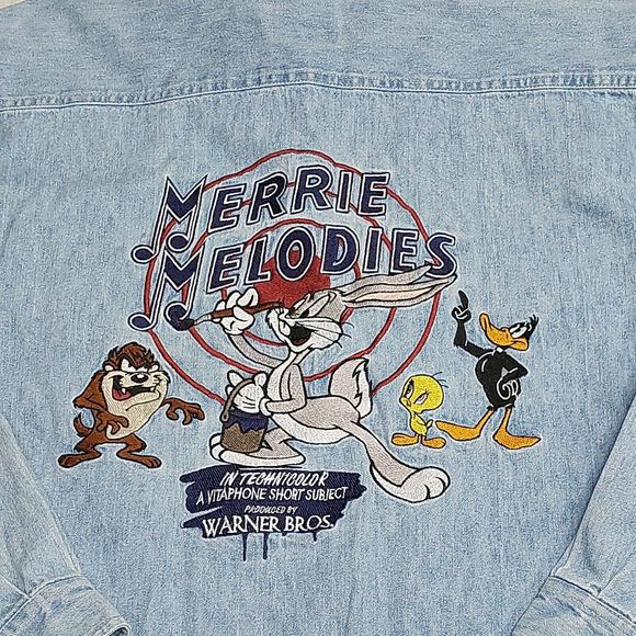 Vintage 90s Looney Tunes Embroidered Denim Long Sleeve Jean Shirt Size Medium - Picture 8 of 8